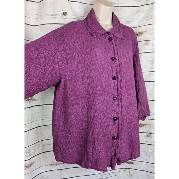 URU Textured Jacquard Purple Tunic Top XL 100% Silk Button Up Artsy Womens - Picture 5 of 9